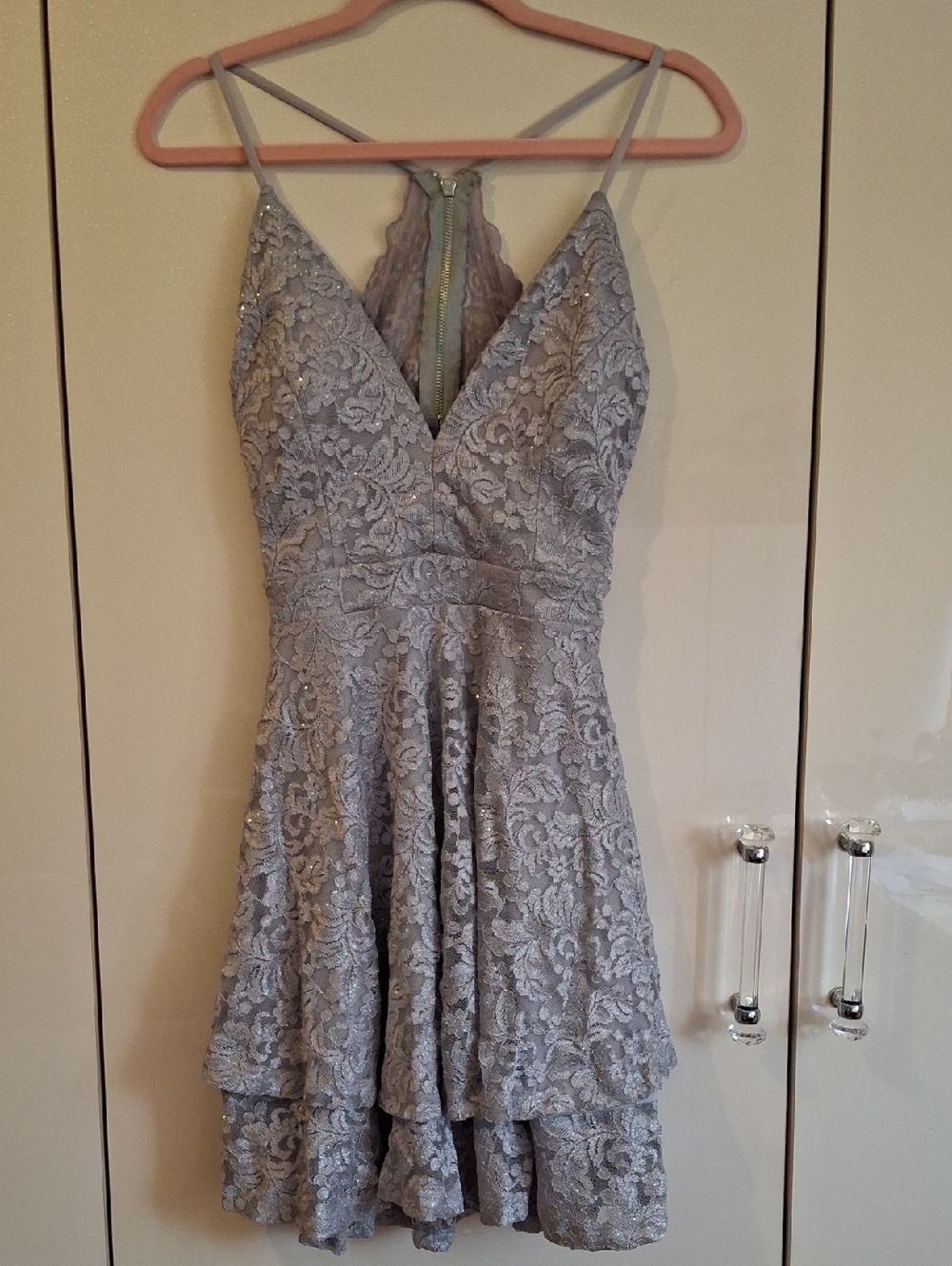 Emerald Sundae Silver Lace Mini Dress with Spaghetti Straps